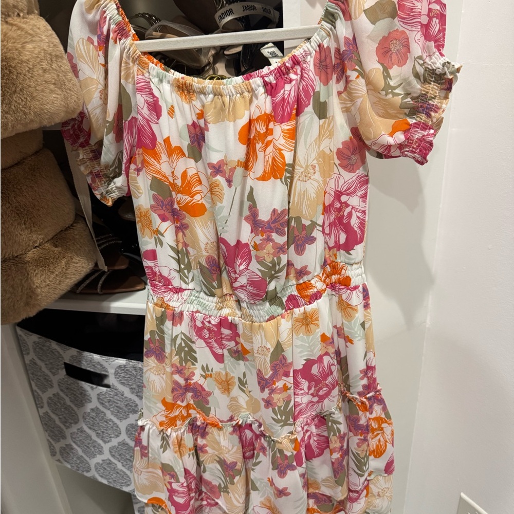 Wayf Floral Off-Shoulder Mini Dress - Pink, Orange, Cream - Picture 1 of 2